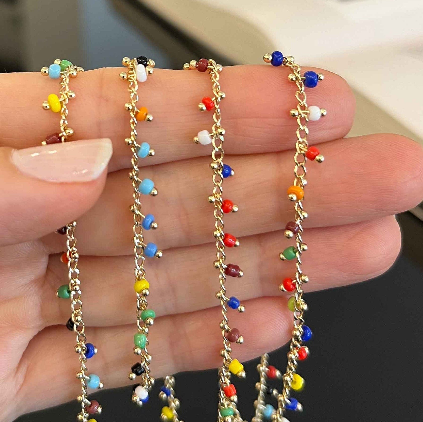 18K gold filled colorful beaded chain sold by the foot wholesale supply