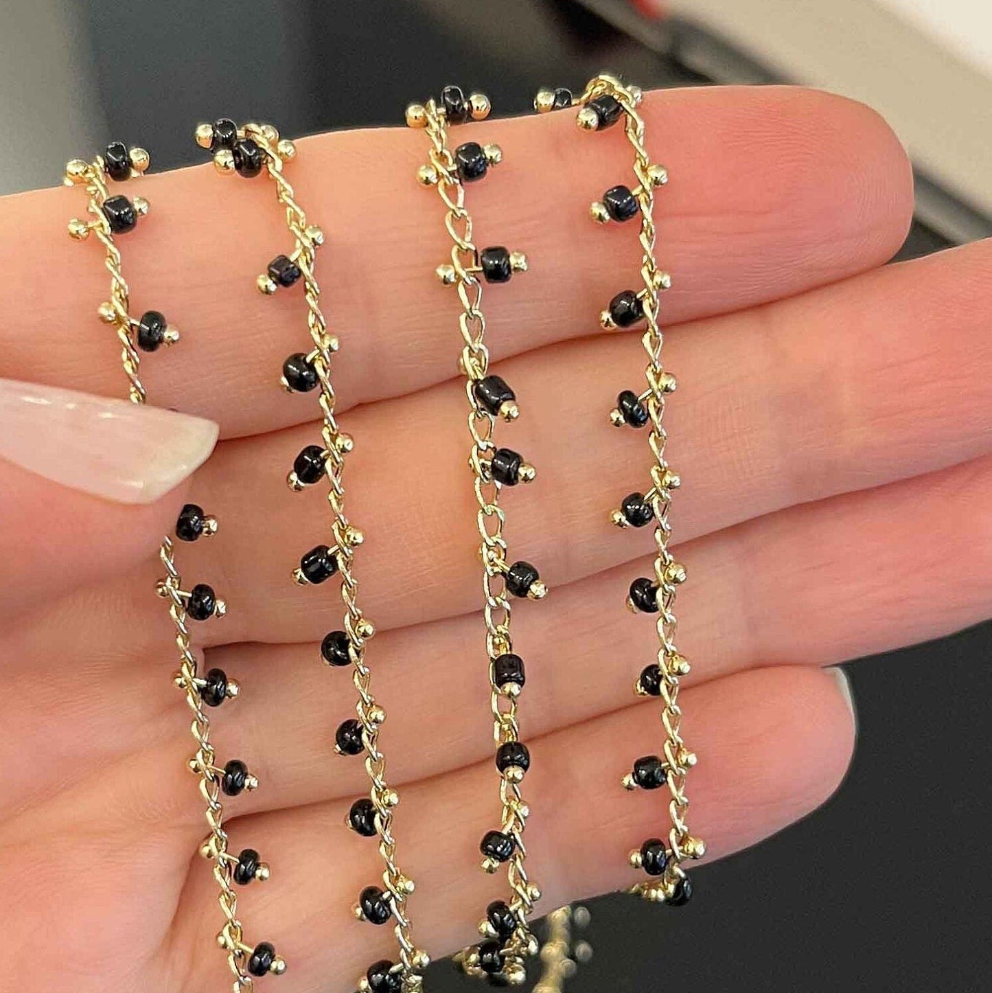 18K Gold Filled Beaded Curb Chain with Black Beads (1.5mm) - By the Foot