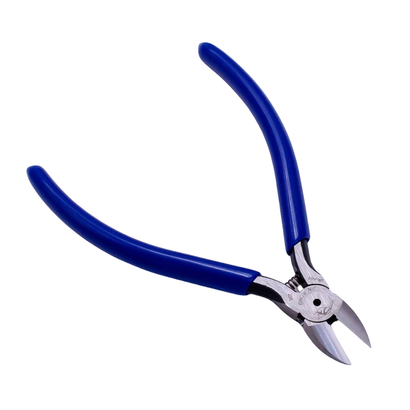 Pair of blue-handled wire cutters on a white background