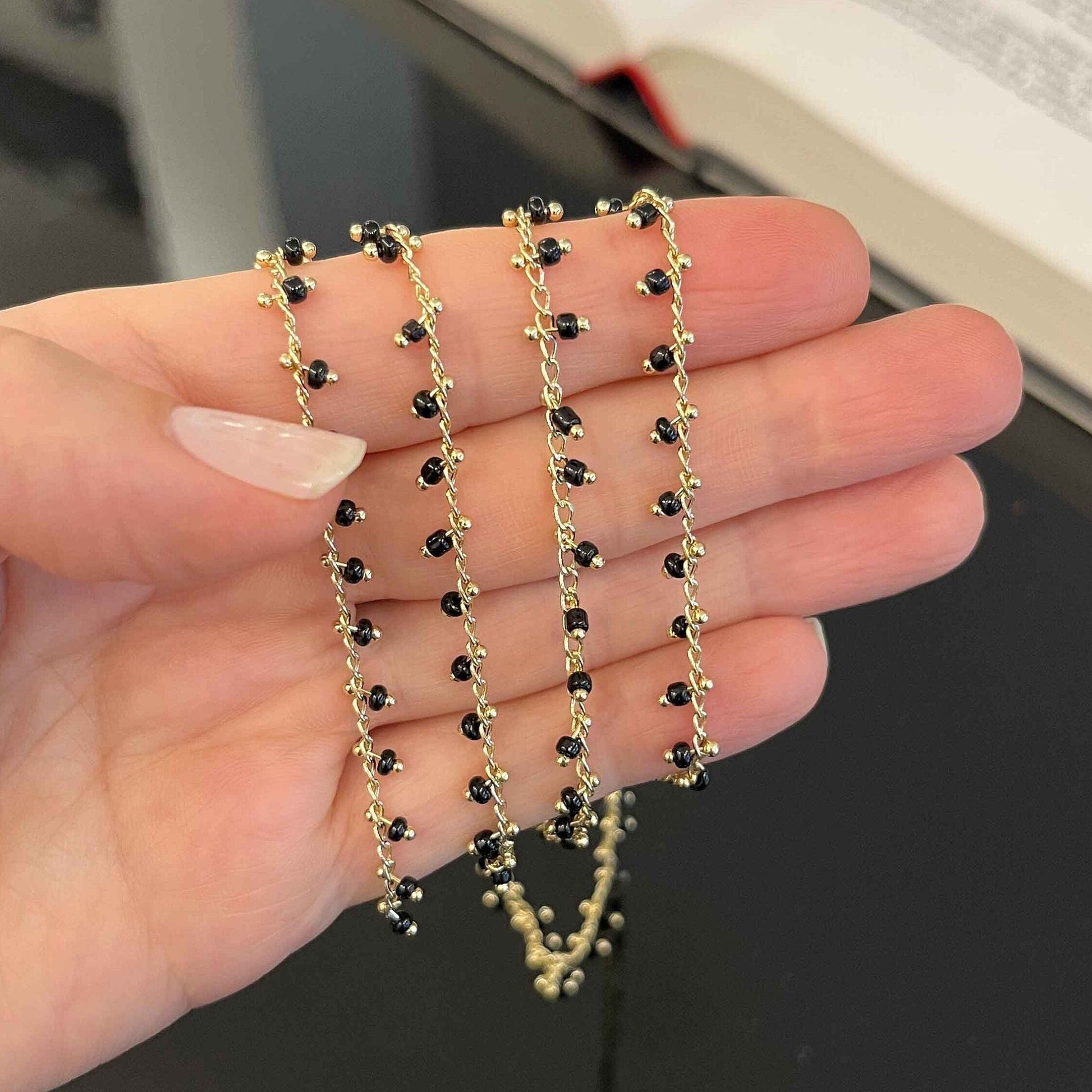 18K gold filled beaded curb chain with black beads 1.5mm close-up detail