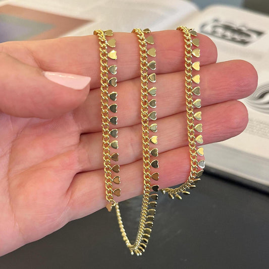 Gold filled heart coin chain 2.5mm close-up detail sold by the foot
