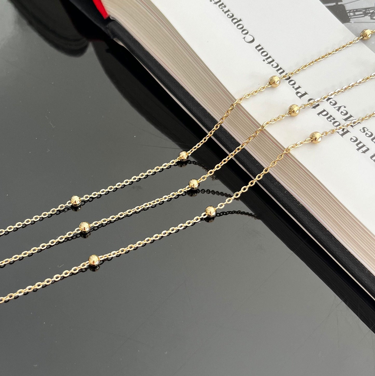 Gold filled satellite chain with 2.5mm beads close-up detail
