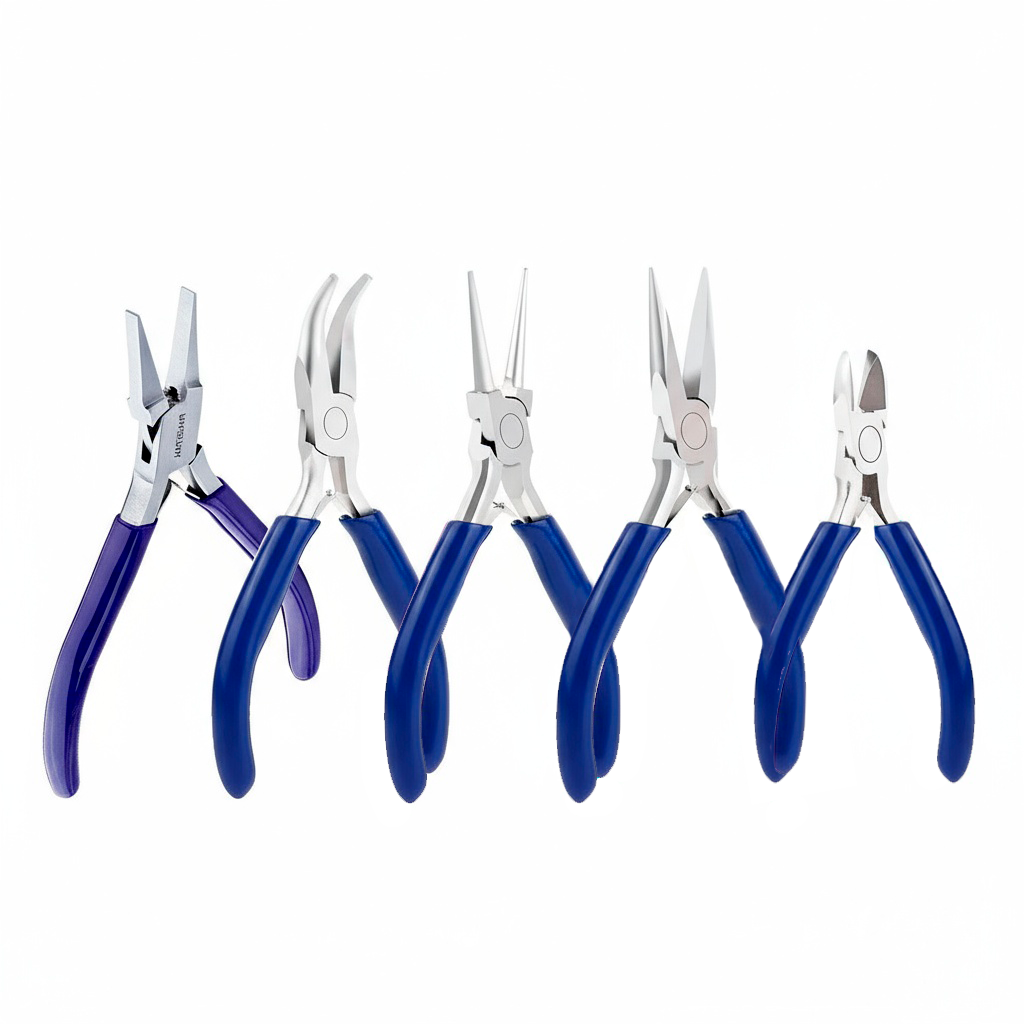 Set of five pairs of pliers with blue handles on a white background